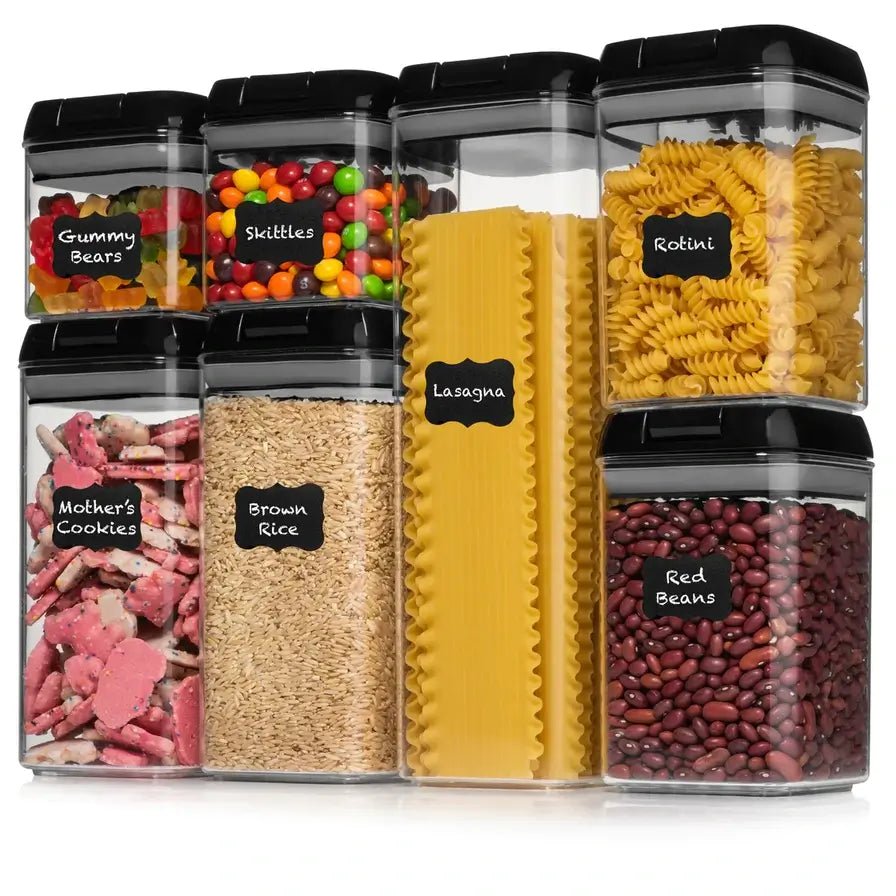 Shazo Airtight Food Storage Container (Set of 6) - BONUS Measuring Cup -  Labels & Marker - Durable Plastic - BPA Free - Clear with Improved Lids