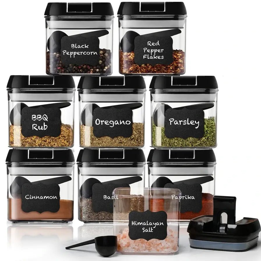 Shazo 9 PC Airtight Food Storage Containers Set with Lids Plastic Kitchen Cabinet & Pantry Organization Canister Set for Spices, Herbs, Coffee & Tea